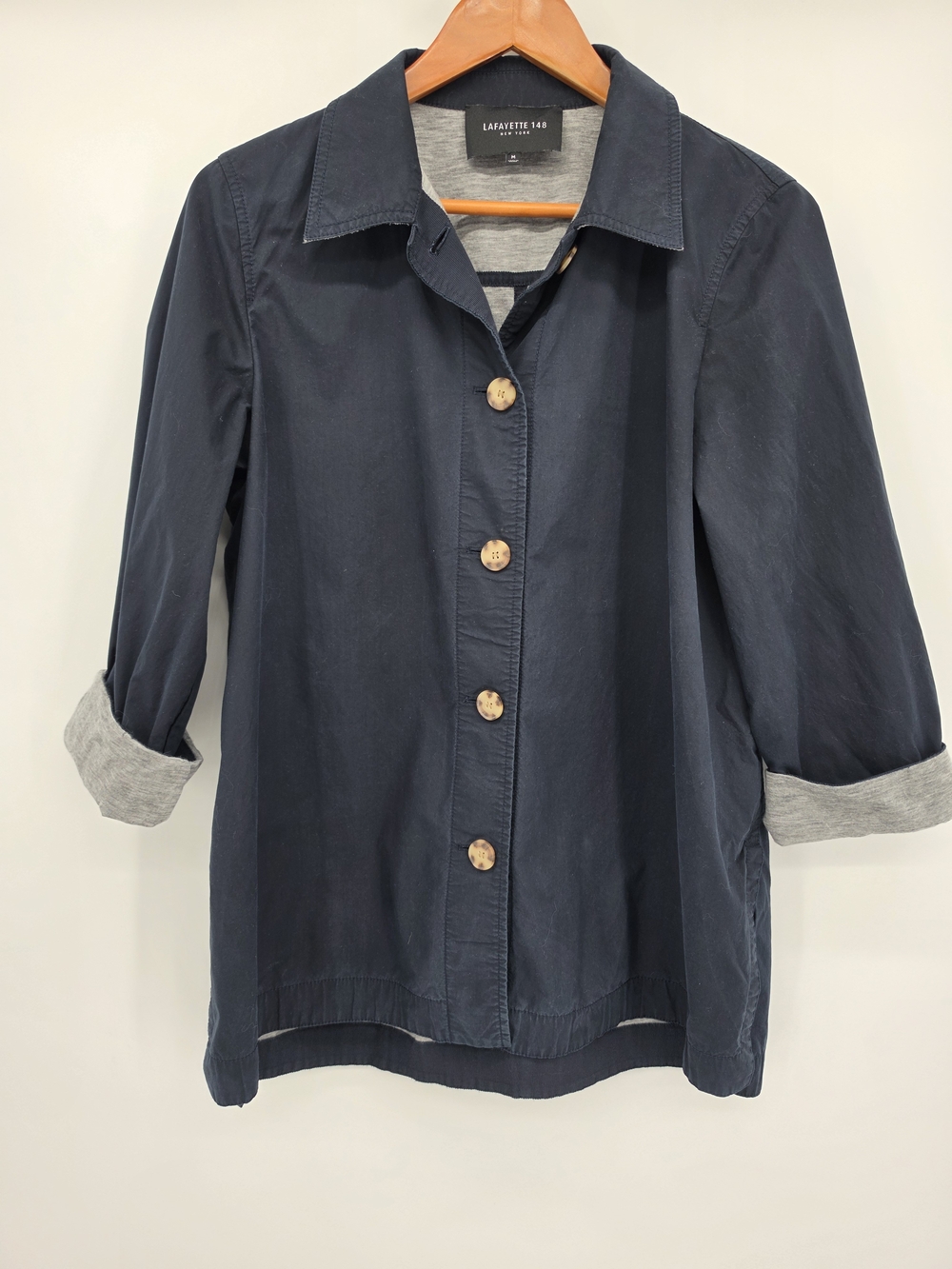 Lafayette 148 New York Navy Button-Front Cotton Utility Jacket Womens Medium